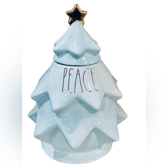 NEW Rae Dunn Peace Christmas Tree Light Blue Ceramic Canister Cookie Jar - Picture 3 of 5